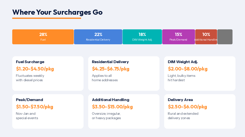 Parcel shipping surcharges breakdown showing fuel, residential, peak, additional handling, and DAS surcharge ranges