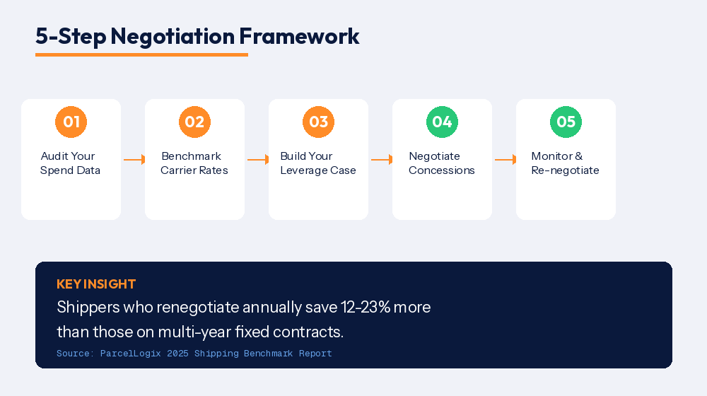 5-Step Parcel Rate Negotiation Framework showing Audit, Benchmark, Build Leverage, Negotiate, and Monitor steps